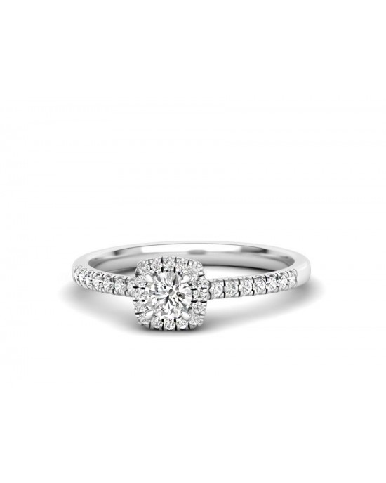 Mονόπετρο δαχτυλίδι halo με διαμάντι μπριγιάν 0.30ct και πέτρες στο πλάι από λευκόχρυσο Κ18 και πιστοποίηση GIA
