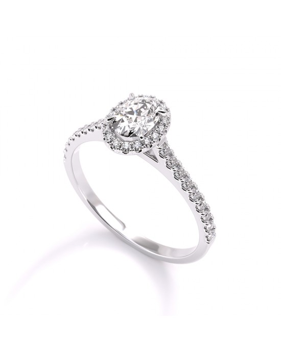 Μονόπετρο δαχτυλίδι halo με κεντρικό oval διαμάντι 0.40ct και πλαινές πέτρες από λευκόχρυσο Κ18 με πιστοποιητικό GIA