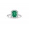 Halo cluster ring with emerald and diamonds in 18k white gold
