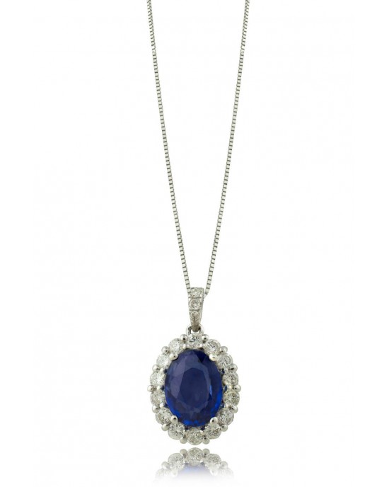 Cluster necklace with sapphire and diamonds in 18k white gold 