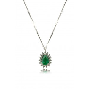 Cluster drop necklace with emerald 0.41ct and diamonds 0.24ct in 18k white gold