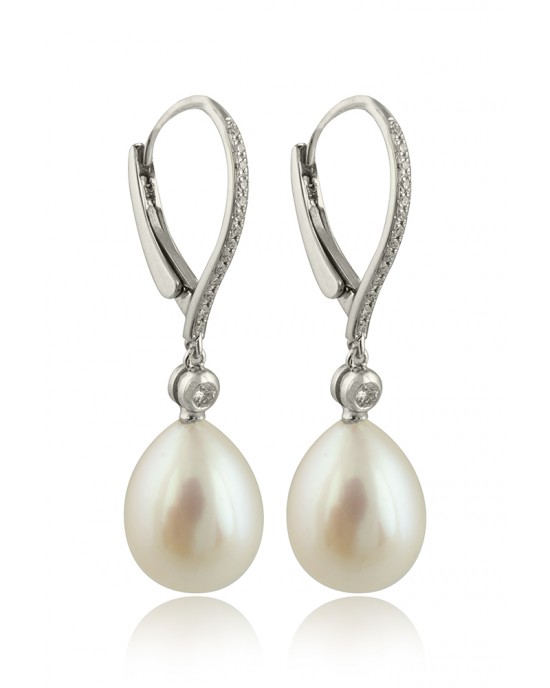 Drop pearl earrings with diamonds 0.35ct in 18k white gold 