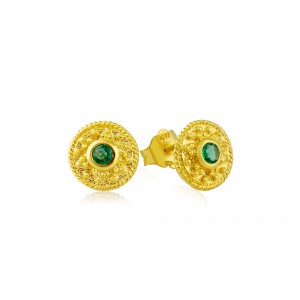 Βυζαντινά σκουλαρίκια στρογγυλά με σμαράγδια από χρυσό Κ18