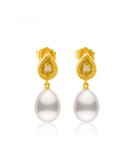 Byzantine earrings with pearls and diamonds in 18k gold 