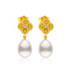 Βυζαντίνα σκουλαρίκια άνθος με μαργαριτάρια σταγόνες και διαμάντια από χρυσό Κ18 