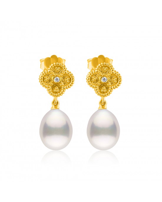 Βυζαντινά σκουλαρίκια άνθος με μαργαριτάρια σταγόνες και διαμάντια από χρυσό Κ18 