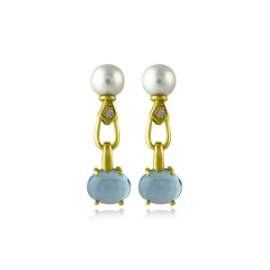 Κρεμαστά σκουλαρίκια με blue topaz, μαργαριτάρια και διαμάντια από χρυσό Κ18