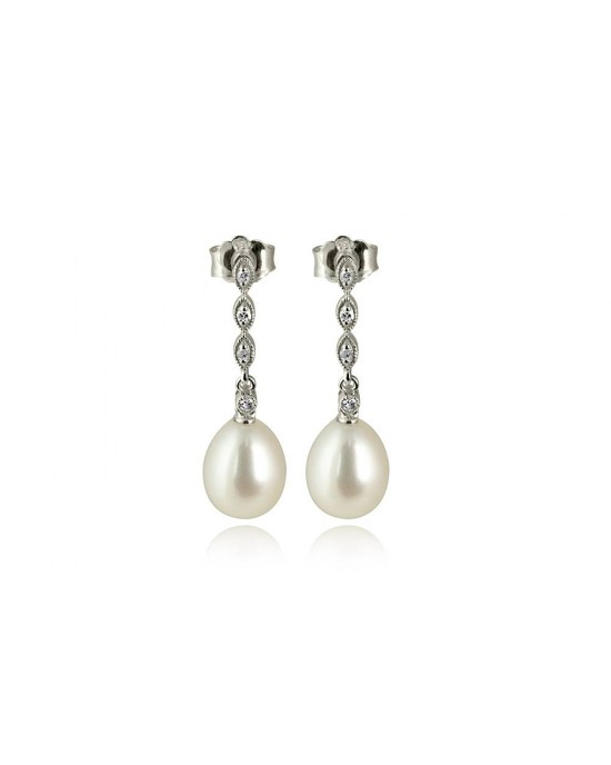 Hanging earrings with drop pearls and diamonds in 18k white gold