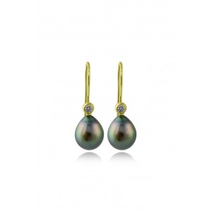 Κρεμαστά σκουλαρίκια με μαύρα μαργαριτάρια Ταϊτής και διαμάντια από χρυσό Κ18