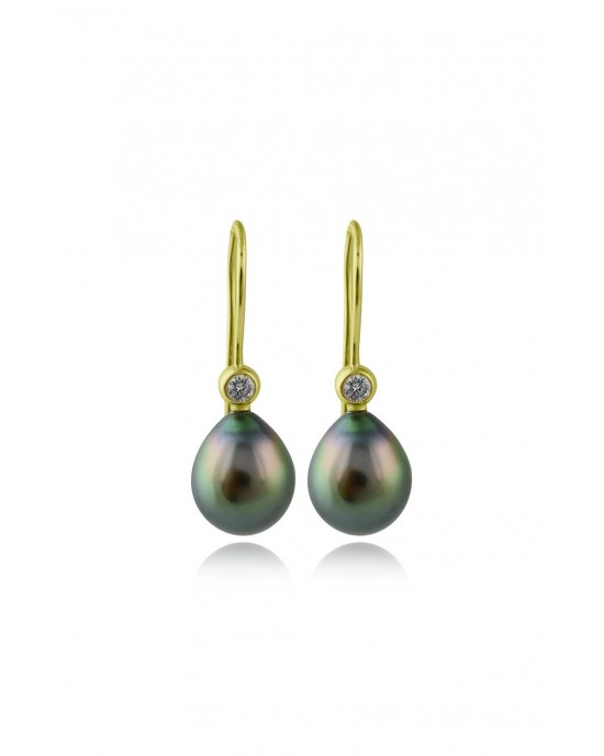 Κρεμαστά σκουλαρίκια με μαύρα μαργαριτάρια Ταϊτής και διαμάντια από χρυσό Κ18
