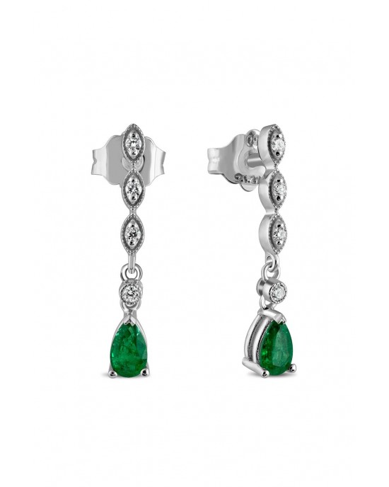 Dangling Zambia emerald and diamond earring in 18k white gold