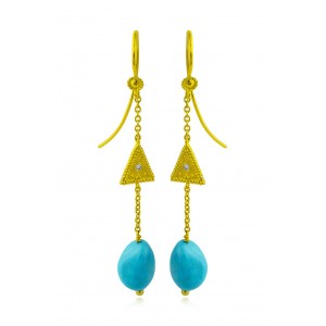 18K Gold Byzantine "Triangles" Earrings with Diamonds and Turquoise 