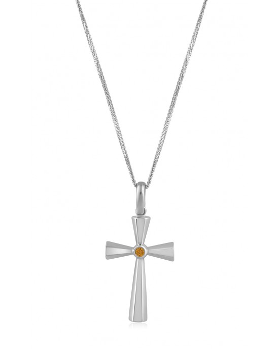 Βυζαντινός σταυρός με ζιρκόν και ζαφείρι ή ρουμπίνι από λευκόχρυσο Κ14 και αλυσίδα