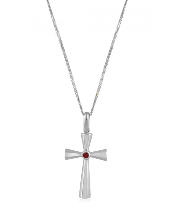 Βυζαντινός σταυρός με διαμάντι και ζαφείρι ή ρουμπίνι από λευκόχρυσο Κ18 και αλυσίδα 