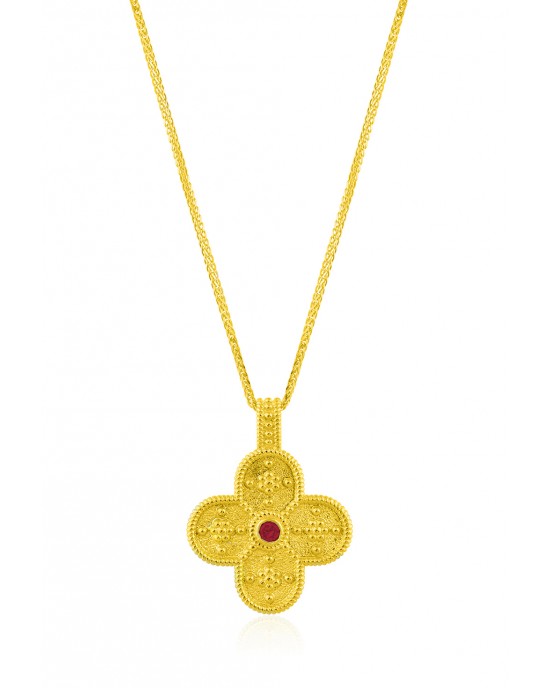 Βυζαντινός σταυρός με γράνες, διαμάντι & ρουμπίνι από χρυσό Κ18