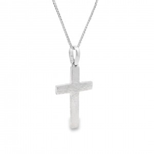 Σφυρήλατος σταυρός διπλής όψεως από λευκό χρυσό Κ14 και αλυσίδα