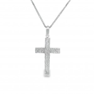 Γραμμωτός "ξύλινος" ανδρικός σταυρός από λευκόχρυσο Κ14 