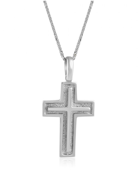 Bαπτιστικός σταυρός από λευκόχρυσο Κ14 και αλυσίδα
