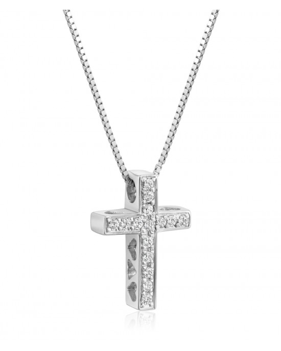 Cross with CZ and hearts in 14K white gold 