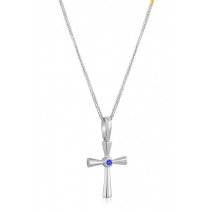 Byzantine cross with CZ and sapphire in 14k white gold  Byzantine cross with CZ and sapphire in 14k white gold