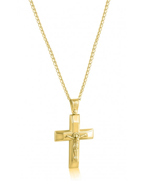 Βαπτιστικός σταυρός με τον ''Εσταυρωμένο" από χρυσό Κ14 και αλυσίδα
