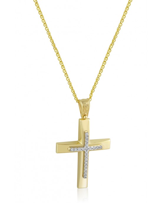 Δίχρωμος σταυρός με ζιρκόν από χρυσό Κ14 και αλυσίδα