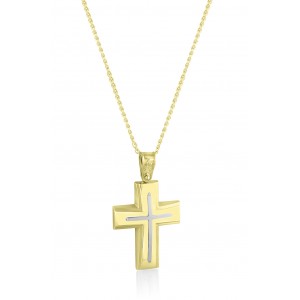 Ανδρικός διπλός βαπτιστικός σταυρός από χρυσό Κ14 και αλυσίδα
