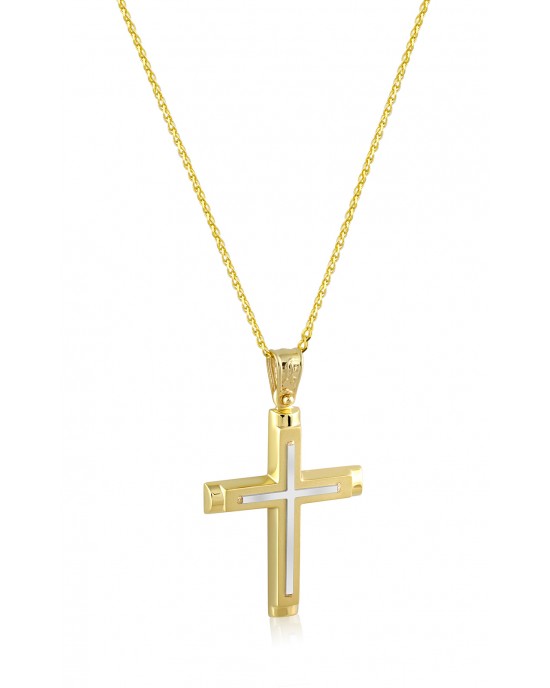 Δίχρωμος βαπτιστικός σταυρός από χρυσό & λευκόχρυσο Κ14 