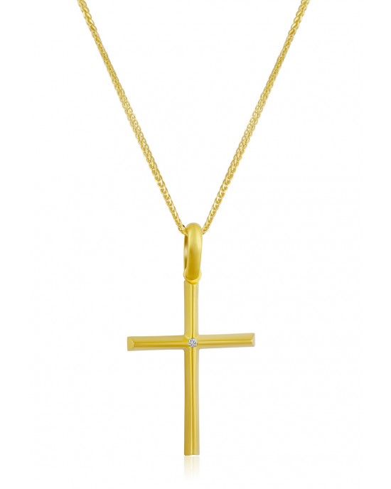 Σταυρός με διαμάντι από χρυσό Κ14 και αλυσίδα