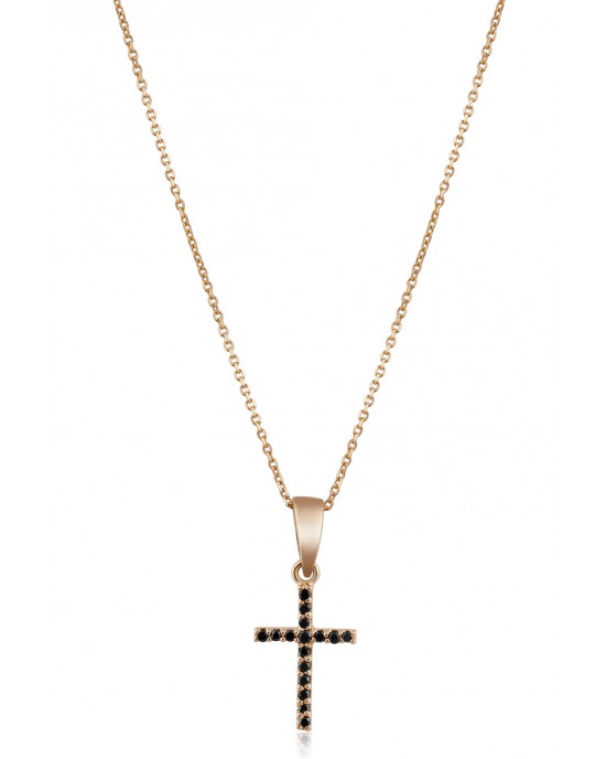Κολιέ σταυρός με μαύρα διαμάντια από ροζ χρυσό Κ14