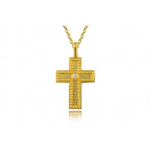 Βυζαντινός σφυρήλατος σταυρός με διαμάντι από χρυσό Κ14 και αλυσίδα