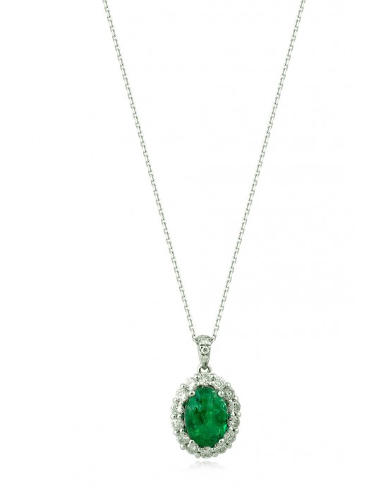 Cluster drop necklace with emerald 0,96ct and diamonds 0.24ct in 18k white gold