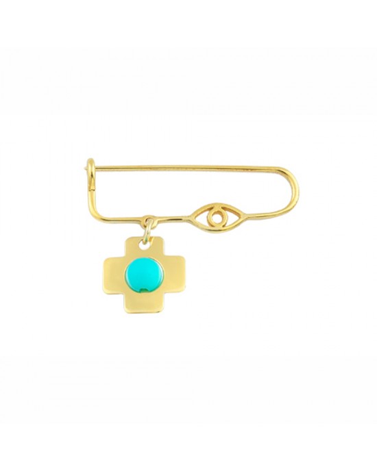 Cross baby pin with evil eye and turquoise in 14k gold Ekan