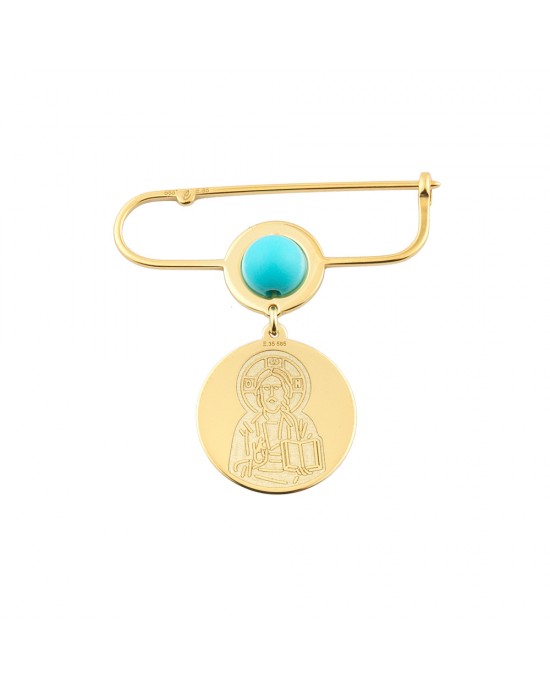 Jesus Christ baby pin with turquoise in 14k gold Ekan