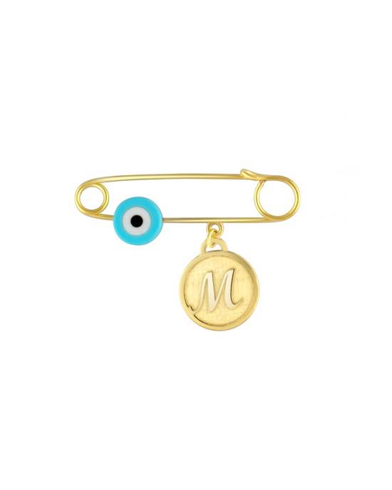 ''M'' monogram baby pin with evil eye in 14k gold Ekan