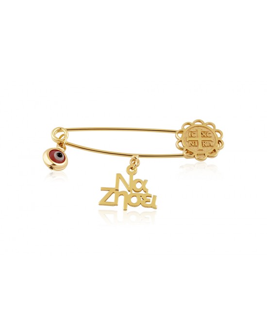 Baby pin with pink evil eye in 14k gold