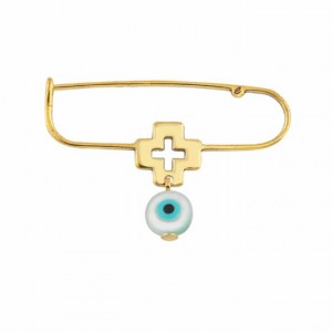 Baby pin with evil eye & cross in 14k gold