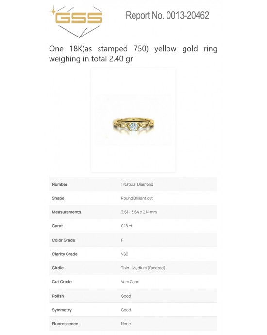 Μονόπετρo δαχτυλίδι χρυσό Κ18 με διαμάντι 0.18ct άπειρο με πιστοποιητικό GSS