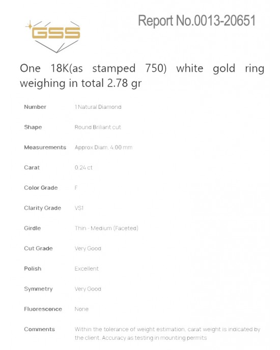Μονόπετρο δαχτυλίδι από λευκόχρυσο Κ18 με διαμάντι μπριγιάν 0.24ct με πιστοποιητικό GSS
