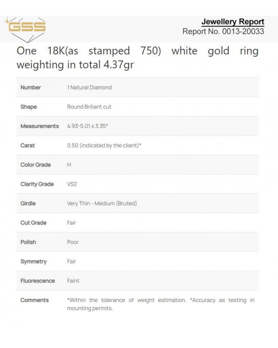 Μονόπετρο δαχτυλίδι από λευκόχρυσο Κ18 με διαμάντι 0.50ct με πιστοποιητικό GSS