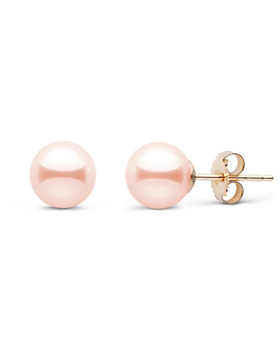 Καρφωτά σκουλαρίκια με ροζ στρογγυλά μαργαριτάρια 7-7.5mm από χρυσό Κ18