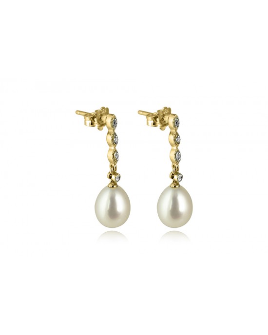 Κρεμαστά σκουλαρίκια με μαργαριτάρια και διαμάντια από Χρυσό Κ18 