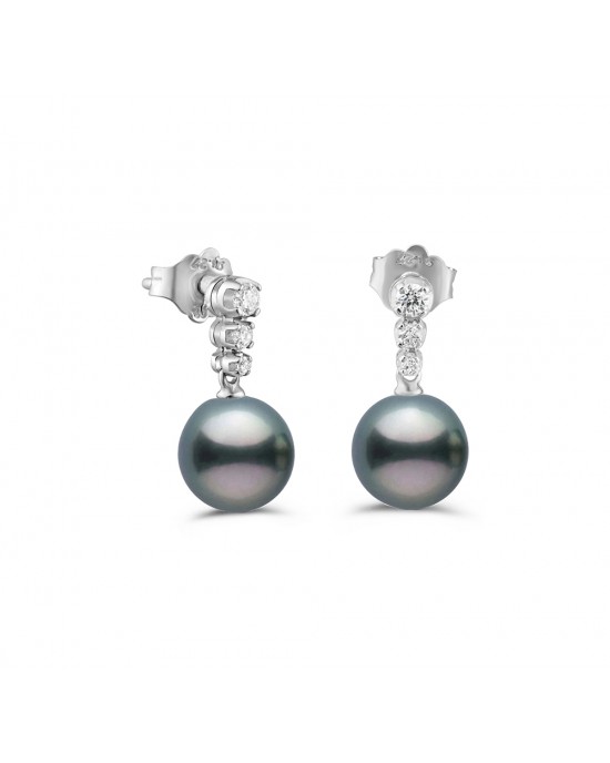 Κρεμαστά σκουλαρίκια με στρογγυλά μαργαριτάρια Ταϊτής και διαμάντια από λευκόχρυσο Κ18