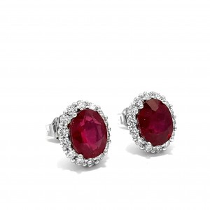 Ruby halo earrings with diamonds in 18k white gold