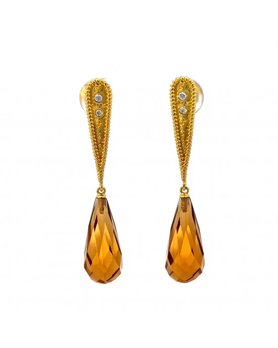 Βυζαντινά σκουλαρίκια με διαμάντια & κιτρίνη χαλαζία από χρυσό Κ18