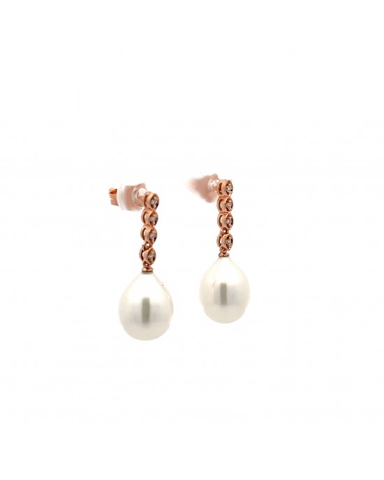Hanging earrings with drop pearls and diamonds in 18k rose gold