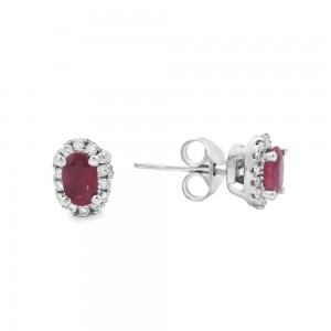 Ruby halo earrings with diamonds in 18k white gold