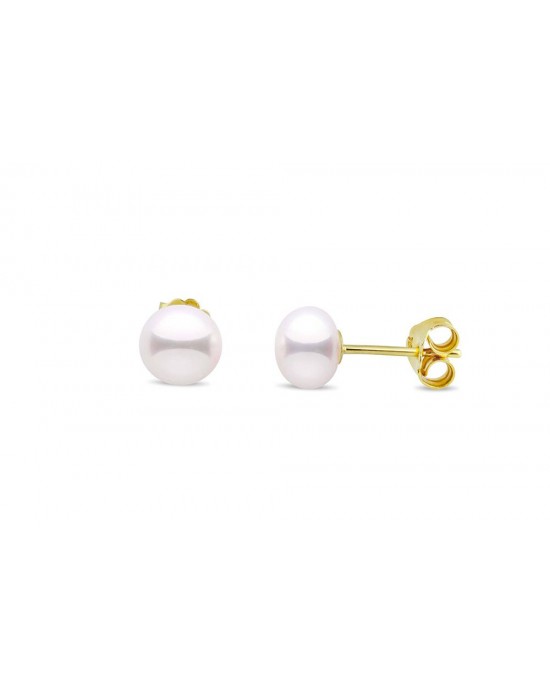 7.5-8mm White button Biwa freshwater pearl stud earrings in 18k gold