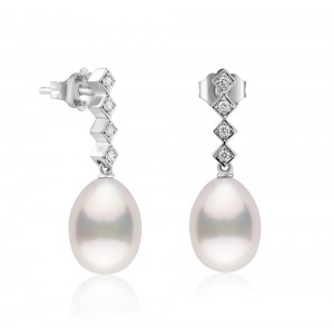 Σκουλαρίκια  με μαργαριτάρια σταγόνα και διαμάντια από λευκόχρυσο Κ18