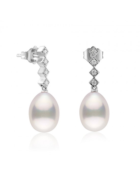 Σκουλαρίκια  με μαργαριτάρια σταγόνα και διαμάντια από λευκόχρυσο Κ18